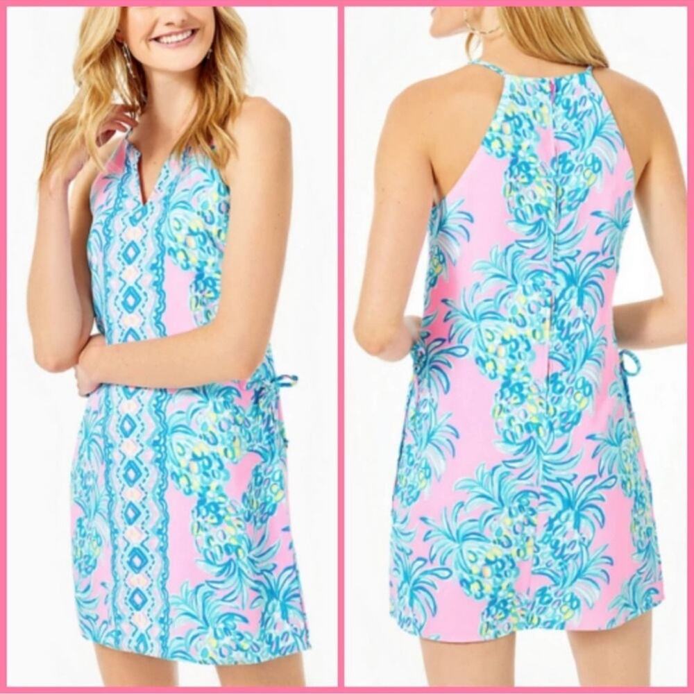 Sleeveless Pink & Blue Printed Halter Dress